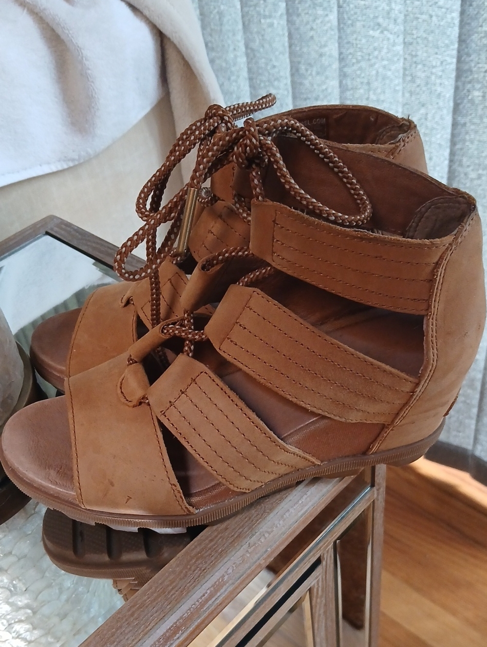 Sorel Olive-Tan Lace-Up Wedge Sandals 7.5